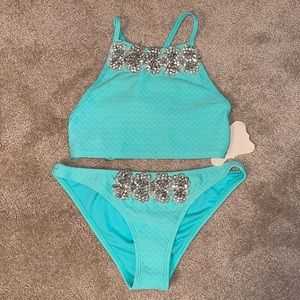 Brand New Teal Rhinestone 2 Piece Swimsuit
